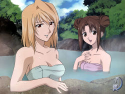 Rule 34 | 00s, 2girls, :d, arcueid brunestud, bathing, blonde hair, blush, breasts, brown hair, cleavage, collarbone, day, double bun, forest, long hair, looking at viewer, medium breasts, multiple girls, nature, onsen, open mouth, outdoors, partially submerged, plant, small breasts, smile, steam, tree, tsukihime, water, yumizuka satsuki