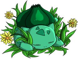 Rule 34 | bulbasaur, claws, closed eyes, creatures (company), flower, game freak, gen 1 pokemon, grass, jessica chen pei ling, lowres, lying, nintendo, no humans, on stomach, plant, pokemon, pokemon (creature), simple background, sleeping, solo, source request, white background