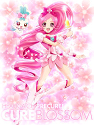 Rule 34 | 10s, 1girl, boots, bow, brooch, character name, chypre (heartcatch precure!), copyright name, cure blossom, dress, flower, hair bow, hanasaki tsubomi, heart, heart brooch, heartcatch precure!, knee boots, long hair, magical girl, petals, pink background, pink hair, pink theme, ponytail, precure, sekken kasu barrier, side ponytail, sparkle, very long hair, wand