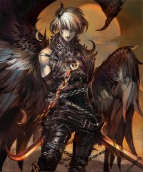Rule 34 | 10s, 1boy, artist request, azazel (shingeki no bahamut), belt, chain, colored skin, cygames, dual wielding, feathered wings, feathers, holding, holding sword, holding weapon, horns, knife, leather, official art, shadowverse, shingeki no bahamut, sword, tears, weapon, white hair, white skin, wings