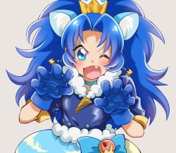 Rule 34 | 10s, 1girl, ;d, absurdres, animal ears, anri (kuro 89 428), blue bow, blue eyes, blue gloves, blue hair, blue neckwear, blue shirt, blue skirt, bow, choker, crown, cure gelato, earrings, extra ears, fang, gloves, grey background, highres, jewelry, kirakira precure a la mode, lion ears, long hair, looking at viewer, magical girl, mini crown, one eye closed, open mouth, paw pose, precure, shirt, simple background, skirt, smile, solo, tategami aoi, upper body