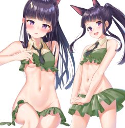 Rule 34 | 1girl, :d, animal ear fluff, animal ears, bad id, bad pixiv id, bare arms, bare shoulders, black hair, black neckwear, breasts, commentary request, crop top, extra ears, frilled shirt, frills, green shirt, green skirt, groin, highres, k mugura, kasumi (princess connect!), kasumi (summer) (princess connect!), lifted by self, long hair, looking at viewer, midriff, multiple views, navel, necktie, nipples, open mouth, pleated skirt, ponytail, princess connect!, purple eyes, shirt, short necktie, simple background, sitting, skirt, small breasts, smile, standing, teeth, upper teeth only, very long hair, white background