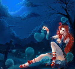 Rule 34 | 1girl, :&gt;, :d, :o, :|, ankle lace-up, bare shoulders, bow, breasts, cleavage, closed mouth, cloud, cross, cross-laced footwear, detached sleeves, dress, emoticon, ghost, grass, grave, graveyard, hair ornament, hand on own face, hat, lake, large breasts, legs, lips, long hair, mary janes, moon, night, open mouth, original, panties, pantyshot, phungdinhdung, red eyes, red hair, shoes, short dress, sitting, smile, thighhighs, tree, underwear, very long hair, wavy mouth, white panties, white thighhighs