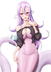 Rule 34 | 1girl, absurdres, albino, bodysuit, breasts, bridal gauntlets, cleavage, covered collarbone, cup, dress, finger to mouth, hair between eyes, highres, holding, lamia, large breasts, long hair, looking at viewer, monster girl, monster musume no oisha-san, open mouth, pink eyes, purple hair, saphentite neikes, scales, see-through, shibakarisena, smile, solo, tail