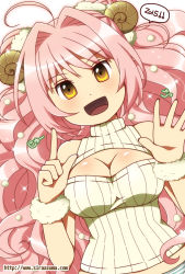 Rule 34 | 10s, 1girl, 2015, :d, ahoge, bad id, bad pixiv id, breasts, cleavage, cleavage cutout, clothing cutout, horns, long hair, looking at viewer, meme attire, open-chest sweater, open mouth, original, pink hair, sheep horns, shiraazuma, sleeveless, smile, solo, sweater, watermark, web address, yellow eyes