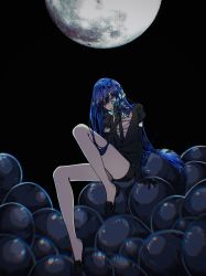 Rule 34 | 1other, absurdres, androgynous, arm support, black footwear, black gloves, black necktie, blue butterfly, blue eyes, blue hair, blunt ends, blurry, bubble, bug, butterfly, clear sky, closed mouth, crystal hair, depth of field, elbow gloves, full body, full moon, gem uniform (houseki no kuni), gloves, hand up, head tilt, highres, houseki no kuni, insect, knee up, lapis lazuli (houseki no kuni), leuvenklasse, loafers, long hair, looking at viewer, mixed-language commentary, moon, necktie, night, night sky, other focus, puffy short sleeves, puffy sleeves, shoes, short jumpsuit, short sleeves, sitting, sky, smile, smirk, solo, sparkle, straight hair, very long hair