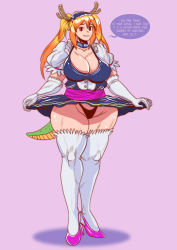 Rule 34 | 1girl, black panties, blonde hair, breasts, clothes lift, elbow gloves, english text, female focus, gloves, heels, highres, horns, huge breasts, kobayashi-san chi no maidragon, long hair, looking at viewer, maid, maid headdress, panties, skirt, skirt lift, smile, solo, speech bubble, thighhighs, tohru (maidragon), twintails, underwear, vogol, white gloves, white thighhighs