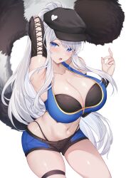 1girl absurdres arm_behind_head armpits black_hat black_shorts black_sleeves blue_eyes blue_shorts breasts cleavage collarbone commission cross-laced_clothes cross-laced_sleeves deogho_(liujinzy9854) detached_sleeves grey_hair hat heart highres large_breasts long_hair midriff multicolored_clothes multicolored_shorts navel open_mouth original panty_straps short_shorts shorts stomach tail thigh_strap