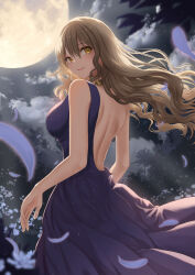 Rule 34 | 1girl, absurdres, alha, back, backless dress, backless outfit, bare shoulders, blonde hair, blue dress, breasts, cloud, dress, flower, from behind, full moon, highres, light smile, long dress, long hair, looking back, median furrow, medium breasts, moon, nature, night, night sky, petals, shoulder blades, sideboob, single strap, sky, sleeveless, sleeveless dress, solo, touhou, tree, watatsuki no toyohime, yellow eyes