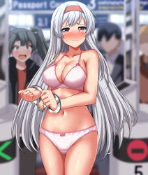 Rule 34 | 1boy, 2girls, absurdres, blurry, blurry background, blush, bra, breasts, brown eyes, cleavage, commentary request, commission, cowboy shot, cuffs, fare gate, hairband, handcuffs, highres, kantai collection, large breasts, long hair, multiple girls, nose blush, panties, pink bra, pink panties, pixiv commission, public indecency, shoukaku (kancolle), solo focus, standing, tears, translation request, underwear, underwear only, white hair, zanntetu, zuikaku (kancolle)