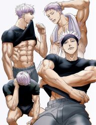 Rule 34 | 1boy, abs, bara, bare pectorals, black blindfold, black shirt, black shorts, blindfold, blindfold lift, closed eyes, closed mouth, clothes lift, gojou satoru, grey pants, highres, jujutsu kaisen, large pectorals, looking at viewer, male focus, multiple views, muscular, muscular male, navel, nipples, pants, pectorals, shirt, shirt lift, short hair, shorts, towel, towel around neck, twitter username, undressing, white hair, white towel, yuana