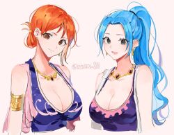 Rule 34 | 2girls, blue hair, bra, breasts, brown eyes, commentary, commentary request, earrings, eyelashes, high ponytail, jewelry, joman, korean commentary, large breasts, looking at viewer, multiple girls, nami (one piece), necklace, nefertari vivi, one piece, orange eyes, orange hair, ponytail, short hair, sidelocks, simple background, smile, underwear, upper body, white background