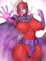 Rule 34 | 1girl, belt, blue eyes, breasts, cameltoe, cape, covered erect nipples, curvy, fumio (rsqkr), genderswap, genderswap (mtf), gloves, helmet, highres, large breasts, long hair, looking at viewer, magneto, marvel, mature female, ponytail, skin tight, white background, white hair, wide hips, x-men