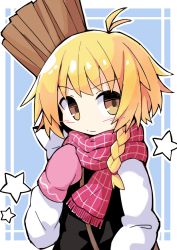Rule 34 | 1girl, asameshi, black vest, blonde hair, blue background, blush, braid, broom, commentary, hand up, kirisame marisa, long sleeves, looking at viewer, mittens, no headwear, no headwear, pink mittens, red scarf, scarf, shirt, short hair with long locks, single braid, solo, star (symbol), touhou, vest, white shirt, yellow eyes