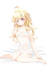 Rule 34 | 1girl, :o, ahoge, blonde hair, blush, breasts, character request, copyright request, covered erect nipples, covered navel, jokanhiyou, lace, lingerie, medium breasts, messy hair, negligee, nipples, on bed, purple eyes, rubbing eyes, see-through, sitting, solo, underwear