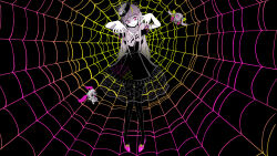 Rule 34 | 2girls, aimaina, blunt bangs, bow, bug, butterfly wings, doushite-chan, eyeliner, fascinator, full body, grin, head tilt, highres, insect wings, jewelry, killer spider (vocaloid), limited palette, long hair, looking at viewer, makeup, mini person, minigirl, multiple girls, necklace, pearl necklace, pink eyes, pinocchio-p, portrait, puffy short sleeves, puffy sleeves, shirt, short sleeves, sidelocks, silk, smile, spider, spider web, very long fingernails, very long hair, vocaloid, wings