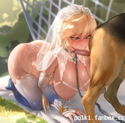 Rule 34 | 1girl, all fours, animal, artist name, bare shoulders, bestiality, blonde hair, blue eyes, blue thighhighs, blush, bra, breasts, bridal gauntlets, bridal veil, bride, censored, chain, chain leash, collar, commentary, commission, cum, cum on ass, cupless bra, day, dog, german shepherd, gradient legwear, hanging breasts, hetero, highres, imminent fellatio, large breasts, leash, long hair, mosaic censoring, nipple chain, nipple piercing, nipple rings, nipples, o-ring, original, outdoors, panties, parted lips, piercing, pixiv commission, polki, see-through, sunlight, thighhighs, underwear, veil, watermark, web address, white panties, white thighhighs