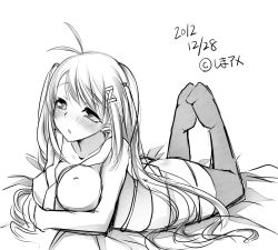 Rule 34 | 1girl, blush, breasts, dated, greyscale, highres, long hair, lying, monochrome, on stomach, original, sei000, sketch, solo