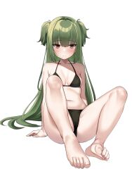 Rule 34 | 1girl, alternate breast size, arm support, armpit crease, arms at sides, bare arms, bare shoulders, barefoot, bikini, black bikini, blunt bangs, blush, breasts, breasts apart, closed mouth, collarbone, commentary, eyelashes, eyes visible through hair, feet, foreshortening, frown, full body, green hair, hair spread out, highres, knees apart feet together, knees up, leaning back, legs, long hair, medium breasts, murasame (senren), navel, red eyes, senren banka, shiny skin, shy, sidelocks, simple background, sitting, solo, stomach, straight hair, swimsuit, tft (tft7822), thighs, toe scrunch, toenails, toes, two side up, very long hair, white background