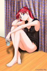 Rule 34 | 1girl, alcohol, barefoot, beer, can, feet, legs, lingerie, long hair, negligee, red hair, satou chagashi, see-through, sitting, smile, solo, thighs, underwear