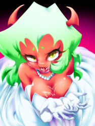 Rule 34 | 10s, 1girl, breasts, cleavage, colored skin, cum, cum on body, cum on breasts, cum on clothes, cum on upper body, cupping hands, demon girl, dress, elbow gloves, facial, fangs, gloves, green hair, horns, jewelry, large breasts, nabe (ingenmame), necklace, own hands together, panty &amp; stocking with garterbelt, red skin, scanty (psg), solo, tongue, tongue out, wedding dress, yellow eyes