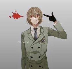 Rule 34 | 1boy, akechi gorou, artist name, black gloves, blood, blood splatter, brown hair, buttons, closed mouth, commentary, finger gun, gloves, gradient background, grey background, meowpie, messy hair, necktie, persona, persona 5, red eyes, shaded face, short hair, simple background, smile, solo, striped necktie, vertical-striped clothes, vertical-striped necktie, white background