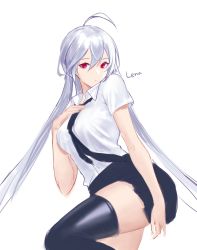 Rule 34 | 1girl, ahoge, black thighhighs, closed mouth, collared shirt, copyright request, grey hair, highres, long hair, looking at viewer, miniskirt, necktie, pleated skirt, red eyes, shirt, short sleeves, simple background, siun, skirt, solo, standing, standing on one leg, thighhighs, twintails, white background, white shirt, wing collar