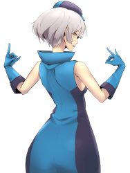 Rule 34 | 1girl, bob cut, elevator operator, elevator operator, elizabeth (persona), gloves, hat, highres, looking at viewer, looking back, persona, persona 3, persona 4: the ultimate in mayonaka arena, rdc7229, silver hair, simple background, solo, uniform, white background, yellow eyes