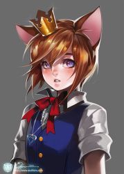 Rule 34 | 1boy, animal ears, blue eyes, brown hair, cat ears, crown, grey background, ippus, jewelry, kingdom hearts, male focus, necklace, ribbon, signature, simple background, solo, sora (kingdom hearts), vest, watermark