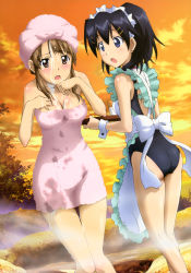 Rule 34 | 10s, 2girls, :o, absurdres, apron, arianna (campione!), ass, campione!, hair ornament, hairclip, highres, maid headdress, mariya yuri, matsumoto mayuko, multiple girls, naked towel, nyantype, official art, one-piece swimsuit, scan, school swimsuit, suggestive fluid, swimsuit, towel, tray, wet