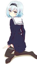 Rule 34 | 10s, 1girl, black thighhighs, blue eyes, blue hair, blue shirt, blue skirt, feet, from behind, hairband, highres, kneeling, looking back, no shoes, panties, panty pull, pulled by self, ryuuou no oshigoto!, school uniform, serafuku, shirt, short hair, simple background, sincos, skirt, soles, solo, sora ginko, thighhighs, underwear, undressing, white background, white panties