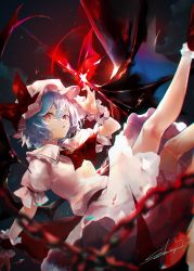 Rule 34 | 1girl, ascot, bat wings, blue hair, blurry, depth of field, dress, frills, hair between eyes, hat, hat ribbon, highres, holding, jewelry, looking at viewer, mob cap, moon, puffy short sleeves, puffy sleeves, red eyes, red footwear, red ribbon, remilia scarlet, ribbon, sakusyo, short hair, short sleeves, signature, skirt, skirt set, solo, touhou, wings, wrist cuffs