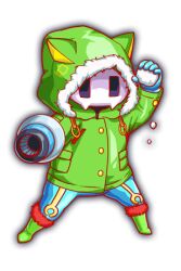 Rule 34 | agent joe, animal hood, aqua gloves, aqua pants, arm cannon, boots, buttons, cat hood, crash fever, fighting stance, full body, fur-trimmed boots, fur-trimmed hood, fur trim, gloves, gold buttons, green footwear, green hood, green jacket, green sleeves, hand up, holding, holding snowball, hood, hood up, hooded jacket, jacket, knee boots, legs apart, long sleeves, lowres, mask, outline, pants, red fur, red outline, skull mask, snowball, solo, square, standing, tachi-e, weapon, white fur