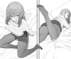 Rule 34 | 1girl, :d, blush, from above, from behind, greyscale, highres, kotoribako, long hair, looking at viewer, lying, miniskirt, monochrome, multiple views, no shoes, on bed, on stomach, open mouth, original, pantyhose, pencil skirt, sitting, skirt, smile, sweater, yokozuwari