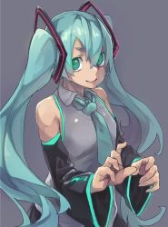 Rule 34 | 1girl, bare shoulders, black skirt, blue hair, blue necktie, closed mouth, commentary, detached sleeves, glowing, glowing eyes, green eyes, grey background, grey shirt, hatsune miku, highres, long hair, long sleeves, looking at viewer, miniskirt, necktie, pleated skirt, reiga (act000), shirt, simple background, skirt, smile, solo, twintails, upper body, very long hair, vocaloid