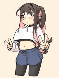 Rule 34 | 1girl, black hair, black pantyhose, blue shorts, blush, breasts, closed mouth, crop top, crop top overhang, cropped hoodie, cropped legs, double v, highres, hood, hood down, hoodie, kantai collection, large breasts, long hair, long sleeves, looking at viewer, macbail, midriff, multicolored hair, naganami (kancolle), pantyhose, pink hair, ponytail, shorts, simple background, solo, v, white hoodie, yellow eyes