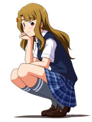 Rule 34 | arm on thigh, blue necktie, blue skirt, blue vest, brown eyes, brown footwear, brown hair, checkered clothes, checkered skirt, commentary request, from side, grey socks, hand on own chin, idolmaster, idolmaster million live!, idolmaster million live! theater days, kneehighs, lielos, light blush, long hair, looking at viewer, miyao miya, necktie, school uniform, shadow, shirt, shoes, short sleeves, sideways glance, simple background, skirt, smile, socks, solo, squatting, summer uniform, summer uniform series (idolmaster), thick eyebrows, vest, white background, white shirt, wing collar