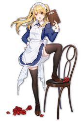 Rule 34 | 1girl, anger vein, apron, black ribbon, blonde hair, brown footwear, chair, flower, game cg, hair between eyes, hand on own hip, highres, holding, holding menu, kakegurui, leg up, legs, long hair, long sleeves, looking at viewer, mahjong soul, maid, maid apron, maid cafe, maid headdress, menu, official art, open mouth, petals, red flower, red rose, ribbon, rose, saotome mary, simple background, teeth, thighhighs, thighs, third-party source, transparent background, twintails, upper teeth only, wrist cuffs, yellow eyes, yostar, zettai ryouiki