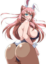 Rule 34 | 1girl, absurdres, aimo (aimo1214), animal ears, ass, bare shoulders, black leotard, blue eyes, breasts, brown pantyhose, detached collar, fake animal ears, from behind, hair ornament, highres, large breasts, leotard, long hair, looking at viewer, looking back, maria cadenzavna eve, open mouth, pantyhose, pink hair, playboy bunny, rabbit ears, rabbit tail, senki zesshou symphogear, shiny clothes, shiny skin, simple background, solo, standing, strapless, strapless leotard, tail, very long hair, white background, wrist cuffs