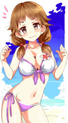Rule 34 | &gt;:3, 10s, 1girl, :3, bare arms, bare shoulders, beach, bikini, blue sky, blush, breasts, brown hair, cleavage, clenched hands, closed mouth, cloud, collarbone, day, eyebrows, front-tie top, halterneck, hands up, highres, idolmaster, idolmaster cinderella girls, katagiri sanae, large breasts, leaning to the side, long hair, looking at viewer, low twintails, natsu (anta tte hitoha), navel, ocean, outdoors, purple eyes, sand, side-tie bikini bottom, sky, smile, solo, standing, stomach, string bikini, swimsuit, twintails, v-shaped eyebrows, water