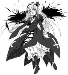 Rule 34 | 00s, 1girl, cross, dress, feathered wings, feathers, flower, gothic lolita, greyscale, grin, hairband, high heels, inverted cross, latin cross, lolita fashion, lolita hairband, long hair, long sleeves, monochrome, puffy long sleeves, puffy sleeves, ribbon, rose, rozen maiden, satou atsuki, simple background, smile, solo, suigintou, white background, wings