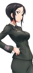 Rule 34 | 1girl, :&lt;, black hair, black necktie, blue eyes, breasts, chouno ami, commentary request, corrupted twitter file, cowboy shot, erakin, from side, girls und panzer, hand on own hip, highres, large breasts, military uniform, necktie, parted lips, short hair, sidelocks, skirt, solo, uniform, white background