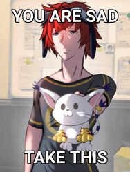 Rule 34 | aiba takumi, animal ears, blue eyes, cat, cat ears, digimon, digimon (creature), gloves, goggles, goggles on head, highres, holy ring, meme, red hair, short hair, tail, tailmon