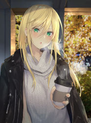 Rule 34 | 1girl, :o, black jacket, blonde hair, blurry, blurry background, blush, breasts, breathing, coffee cup, cold, cup, disposable cup, earrings, green eyes, grey sweater, hair between eyes, holding, holding cup, ichijoji kotna, isegawa yasutaka, jacket, jacket on shoulders, jewelry, long hair, looking at viewer, medium breasts, nail polish, orange nails, original, revision, sidelocks, solo, standing, sweater, sweater vest, turtleneck, turtleneck sweater