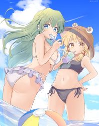 Rule 34 | 2girls, ass, back, ball, beachball, bikini, black bikini, blonde hair, blue eyes, blue sky, breasts, brown headwear, cloud, cup, drinking, food, food in mouth, from below, gluteal fold, green hair, groin, hand on own hip, hat, highres, holding, holding cup, kochiya sanae, large breasts, long hair, looking at viewer, moriya suwako, multiple girls, navel, outdoors, partially submerged, popsicle, popsicle in mouth, ramudia (lamyun), short hair, sideboob, sidelocks, sky, small breasts, standing, swimsuit, thighs, touhou, twitter username, water, white bikini, yellow eyes