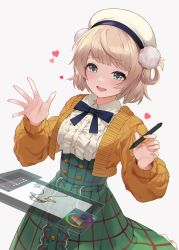 Rule 34 | 1girl, absurdres, adobe photoshop, blonde hair, blouse, blue bow, blush, bow, bowtie, cardigan, center frills, collared shirt, cropped sweater, drawing tablet, frilled shirt, frills, green eyes, green skirt, hair ornament, hair rings, hat, high-waist skirt, highres, holding, holding stylus, holographic monitor, hololive, indie virtual youtuber, kaguya (srx61800), meme attire, official alternate costume, open cardigan, open clothes, open mouth, orange sweater, pom pom (clothes), pom pom hair ornament, shigure ui (vtuber), shigure ui (vtuber) (casual), shirt, short hair, simple background, skirt, smile, solo, striped clothes, striped skirt, stylus, subaru duck, sweater, underbust, vertical-striped clothes, vertical-striped skirt, virgin killer outfit, virtual youtuber, white background, white hat, white shirt