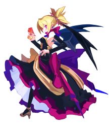 Rule 34 | 1girl, back, backless dress, backless outfit, bare shoulders, black dress, black legwear, black wings, blonde hair, blush, bow, bowtie, breasts, bright pupils, brooch, closed mouth, demon girl, demon wings, detached sleeves, disgaea, dress, earrings, from side, full body, gun, hair between eyes, hair ornament, hand on own hip, handgun, harada takehito, high heels, high ponytail, highres, holding, holding gun, holding weapon, jewelry, layered dress, layered skirt, legs apart, light smile, long dress, looking at viewer, makai senki disgaea 2, official art, petticoat, pink bow, pink eyes, pistol, pointy ears, ponytail, profile, purple bow, red eyes, ribbon, ring, rozalin, sandals, sash, shoes, short ponytail, simple background, skirt, slit pupils, smile, solo, spiked hair, standing, strapless, strapless dress, trigger discipline, weapon, white background, wings, yellow bow