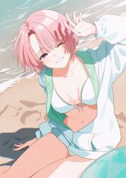 Rule 34 | 1girl, arimura mao, beach, bikini, breasts, gakuen idolmaster, hair over one eye, highres, idolmaster, jacket, jacket over swimsuit, koyamari xxx, navel, ocean, official alternate costume, one eye closed, open clothes, pink hair, sand, short hair, solo, swimsuit, white bikini