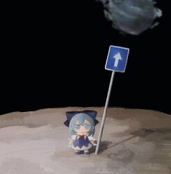 Rule 34 | 1girl, blue dress, blue eyes, blue hair, character doll, cirno, doll, dress, fumo (doll), ice, ice wings, moon, puffy short sleeves, puffy sleeves, short sleeves, sign, skullchimes, solo, space, touhou, v-shaped eyebrows, wings