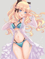 Rule 34 | 1girl, absurdres, aqua bikini, bare shoulders, bikini, black bikini, black bow, blonde hair, blue eyes, blush, bow, breasts, cleavage, collarbone, elf, flower, gatchapowa, hair bow, hair flower, hair ornament, highres, large breasts, layered bikini, long hair, long sleeves, looking at viewer, navel, open clothes, open mouth, open shirt, pointy ears, ponytail, princess connect!, saren (princess connect!), saren (summer) (princess connect!), sidelocks, smile, solo, swimsuit, thighs